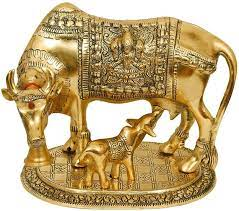 Kamdhenu Cow with Calf  and Krishna Brass  Like Metal Showpiece