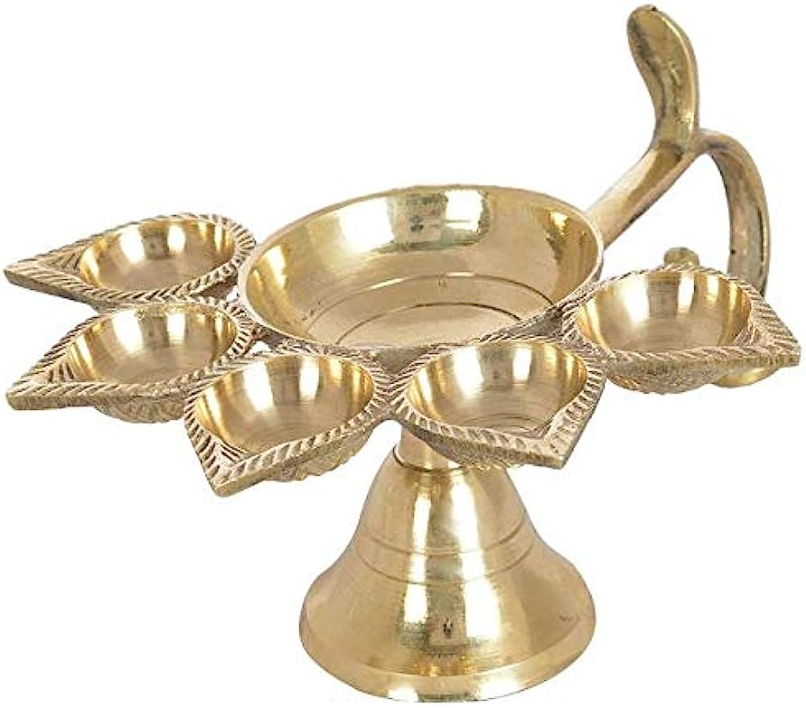 Indian Traditional  Pure Brass Panch  Deepak Aarti Oil  Lamp for Pooja Mandir